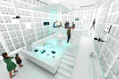 Rendering of white robotic archive room in the MAE Museum