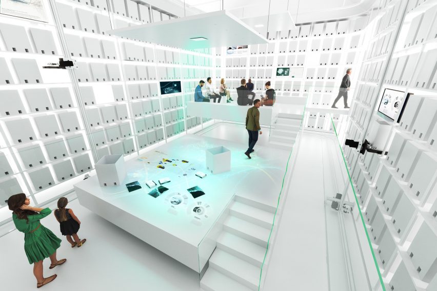 Rendering of white robotic archive room in the MAE Museum