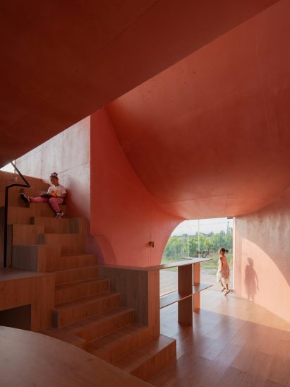 The pink interiors of the Peach Hut
