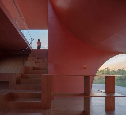 The pink interiors of the Peach Hut