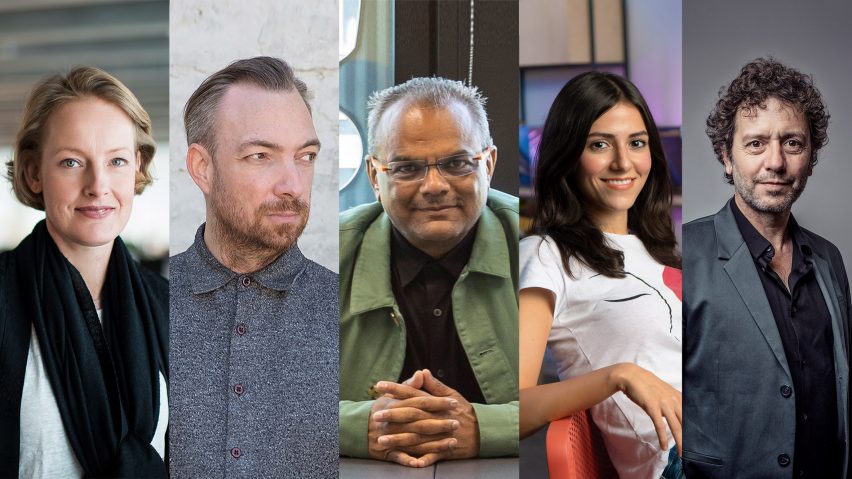 Portraits of Redesign the World judges: Alexandra Hagen, Liam Young, Hanif Kara, Belinda Ercan and Marcus Fairs