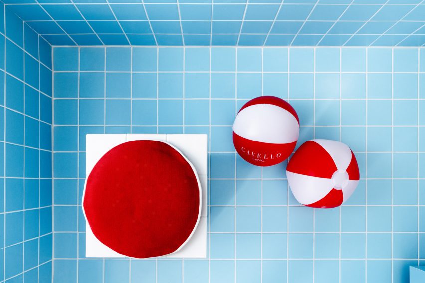 beach balls inside a blue store