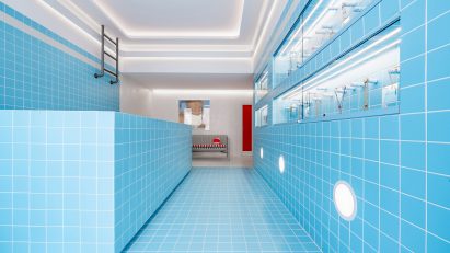 a blue tiled interior