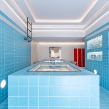 a blue tiled interior