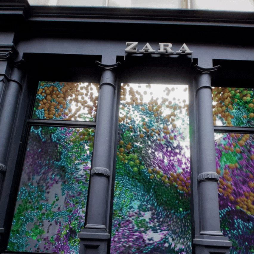 Wave of colourful balls floating in Zara store animation