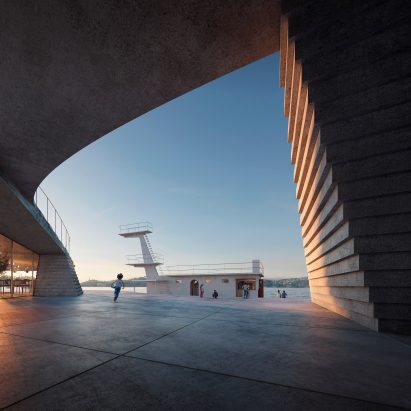Diving platform framed by walls of new Knubben harbour bath facilities