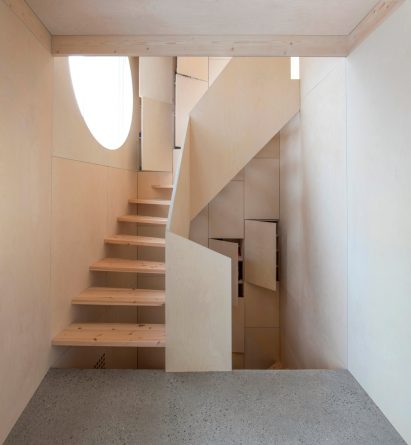 A wood-lined stairwell