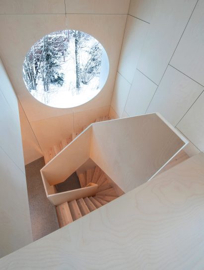 A wood-lined stairwell