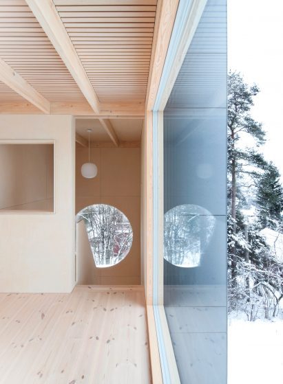 A wood-lined house interior