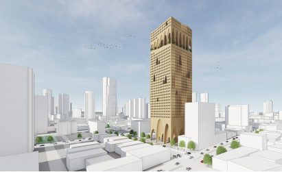 A visualisation of a golden skyscraper
