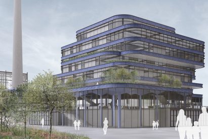 A visualisation of a building with purple facade