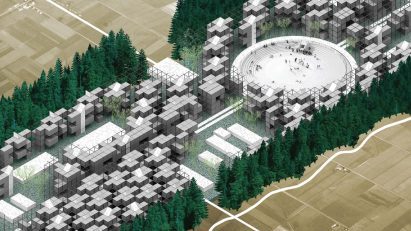 A bird's eye view model of a new urban environment with trees dotted around