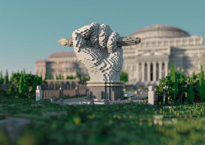 A virtual hand holding a fountain pen outside the library