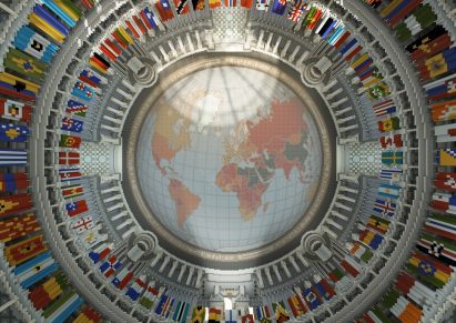 An map of the earth on a virtual library ceiling