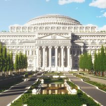 A white virtual library inside a Minecraft game