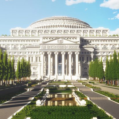 A white virtual library inside a Minecraft game
