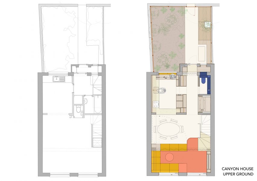 Upper ground floor plans before and after