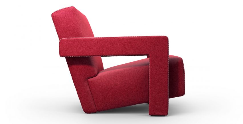 Side view of geometric red chair by Gerrit Thomas Rietveld for Cassina