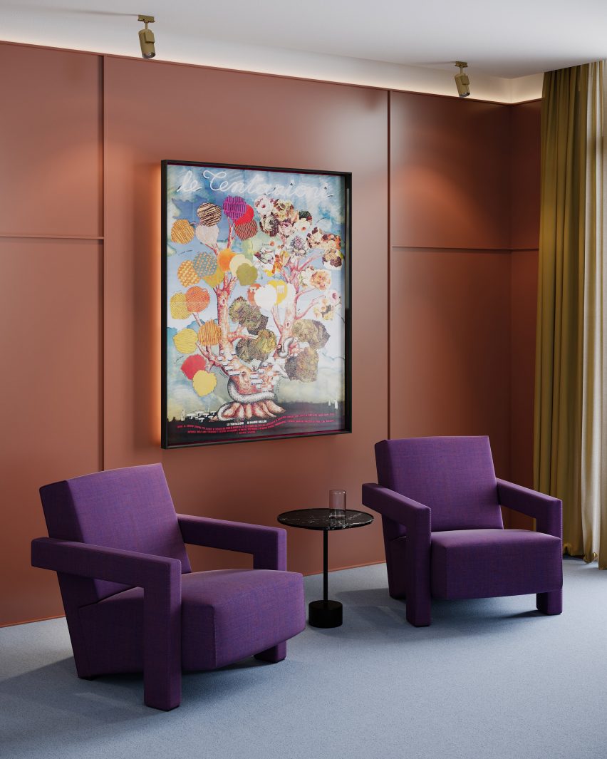 Purple Utrecht armchairs in a wood-panelled office with a floral artwork