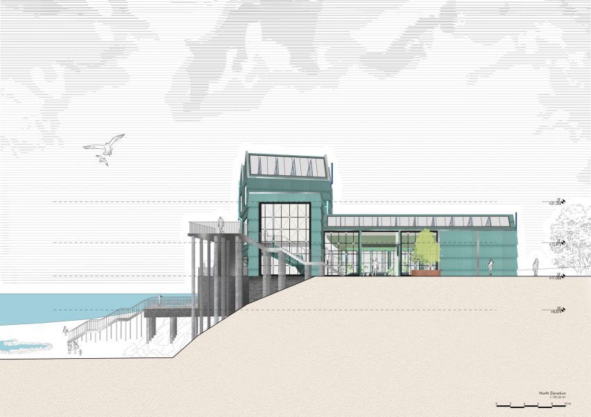 An architectural illustration of a coastal town