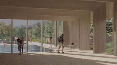 An illustration of a building that uses floodwater to benefit the community