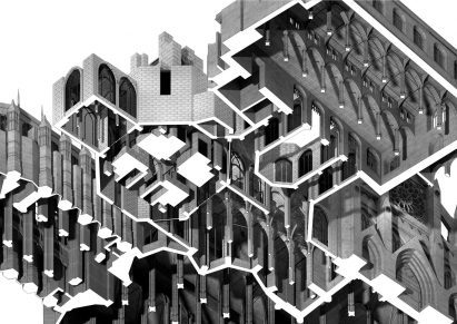 An architectural model of part of a church