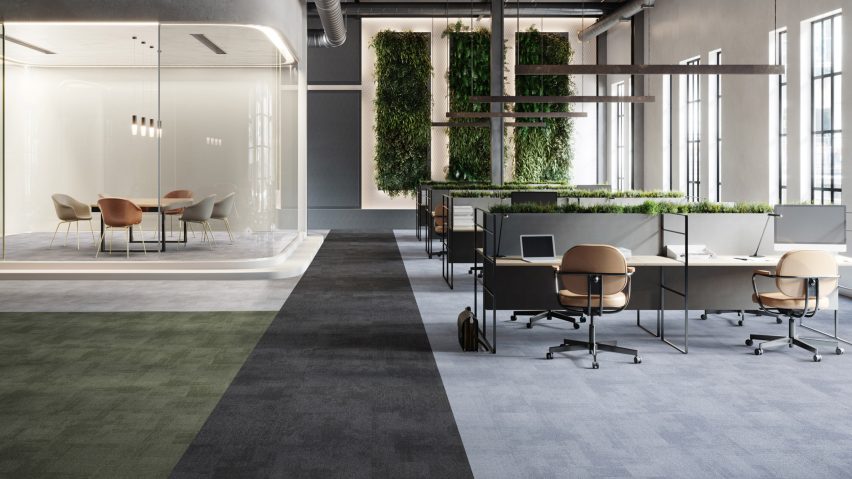 Rudiments carpet tile collection in an office setting