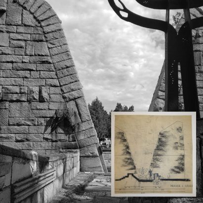 A photograph and drawing of buildings by Bogdan Bogdanović
