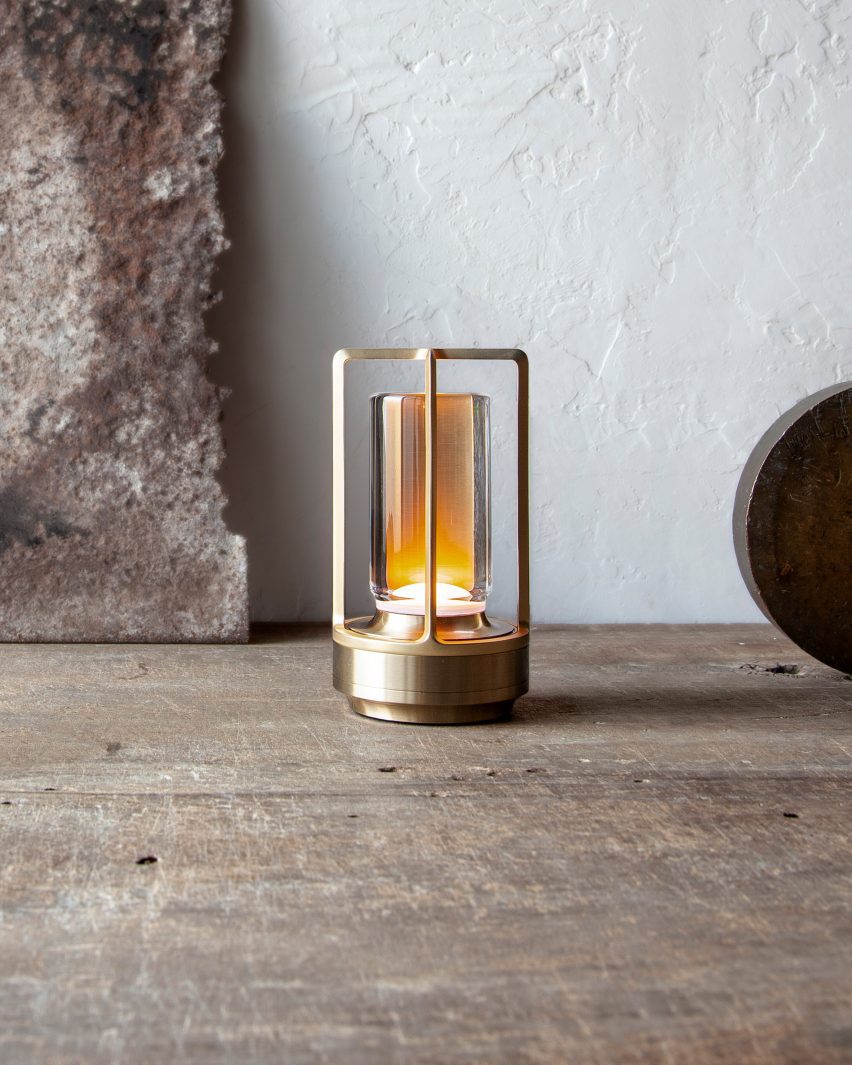 Close up of Turn+ portable lantern in brass