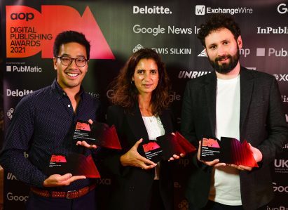 Dezeen's Wai Shin Li, Rupinder Bhogal and Benedict Hobson at the AOP Awards 2021