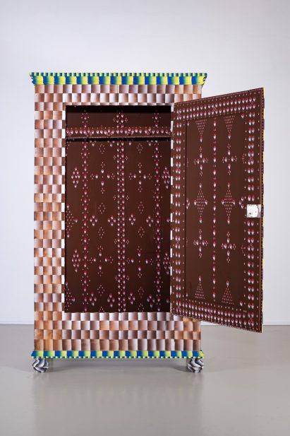 A photograph of a colourful up-cycled cabinet as part of London Design Festival