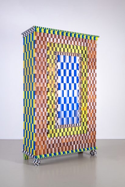 A photograph of a colourful up-cycled cabinet as part of London Design Festival