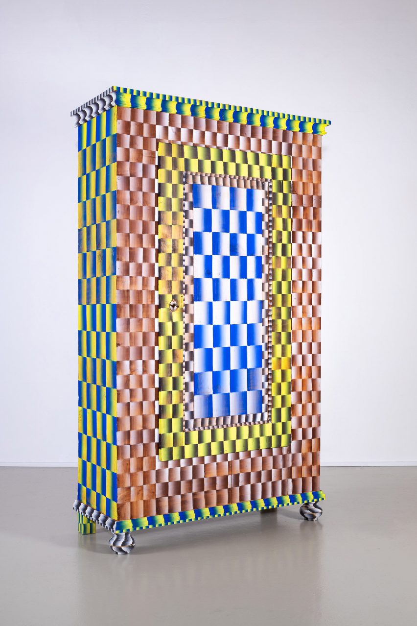 A photograph of a colourful up-cycled cabinet as part of London Design Festival