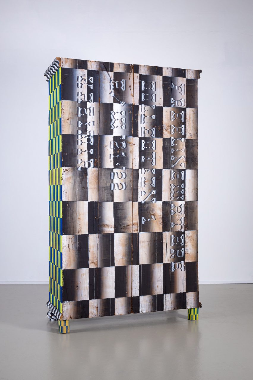 A photograph of a colourful up-cycled cabinet as part of London Design Festival
