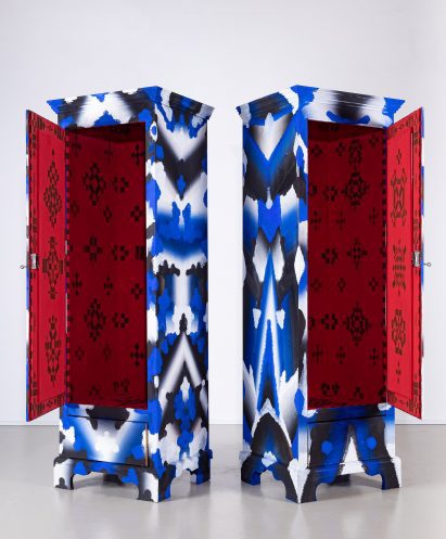 A photograph of a colourful up-cycled cabinet as part of London Design Festival