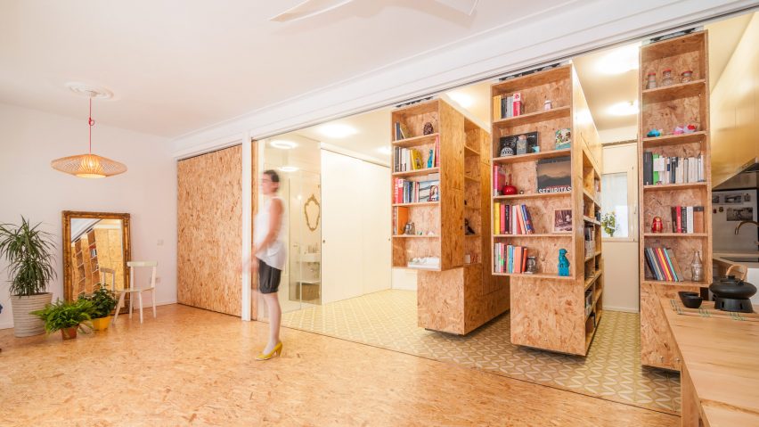 wooden units contain storage and seating