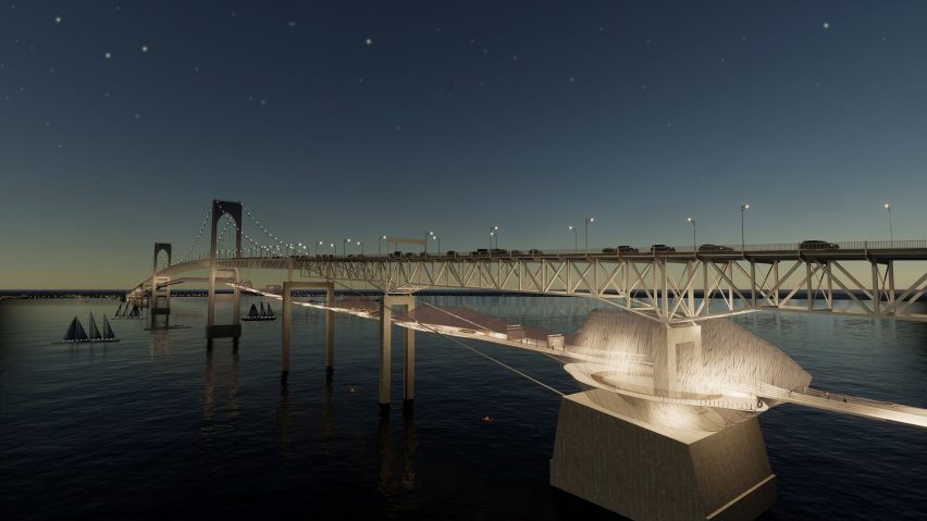 Nighttime rendered scene of a large suspension bridge