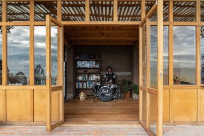 A drumset in the main dwelling