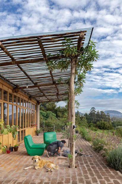 wooden Roof made of wooden staves, waterproof fabric, and tiles made of earth and brick