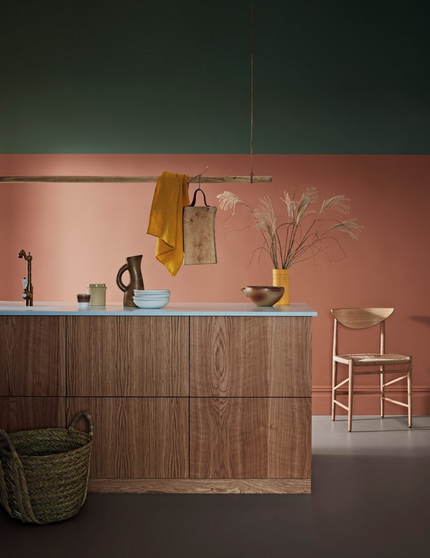 Crown Paints AW21 Trends timber kitchen with dusky pink and forest green walls