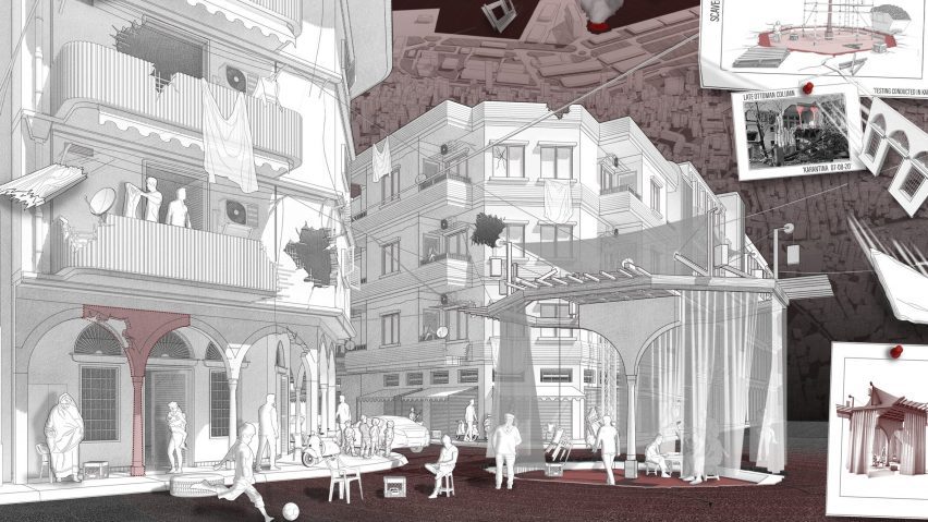 Detailed rendering of buildings in disrepair with a pavilion in the centre