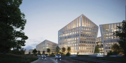 Buildings at Fuse Valley have sloped roofs and taper at the base