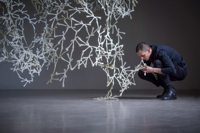 Person smelling bioplastic curtain