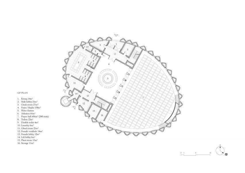 Ground floor plan of Brick Veil mosque by Luca Poian Forms