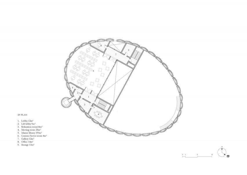 Second floor plan of Brick Veil mosque by Luca Poian Forms
