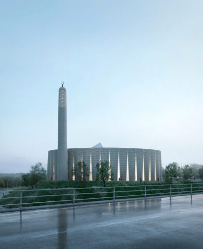 A render of a circular mosque in Preston