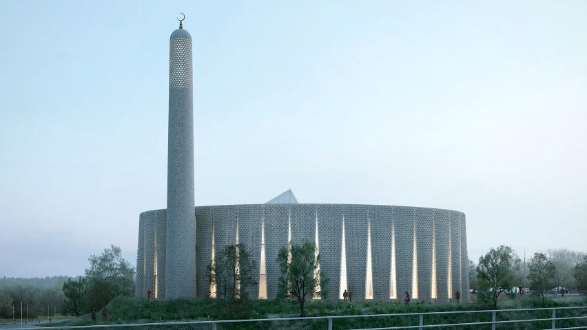 A render of a brick mosque