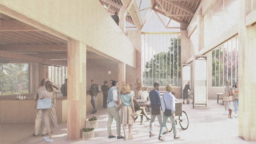 Rendered internal view of a communal space with plywood walls