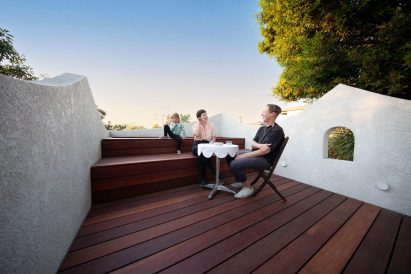 A wooden raised deck