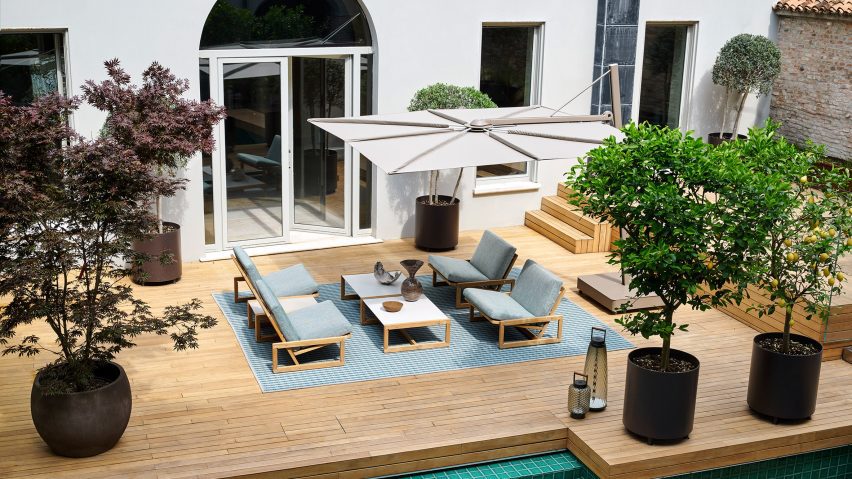 Aerial view of Carlotta armchair by Cassina on a patio
